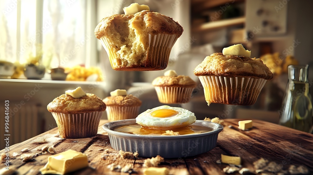 Poster mesmerizing breakfast tableau with oversized hovering muffins defying logic butter pats and a surrea