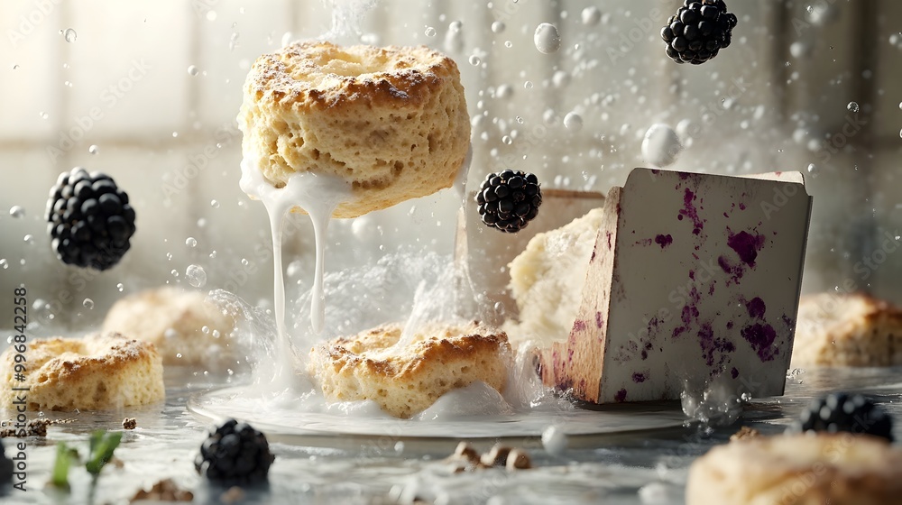 Poster mesmerizing surreal breakfast still life with oversized hovering scones floating blackberries and a 