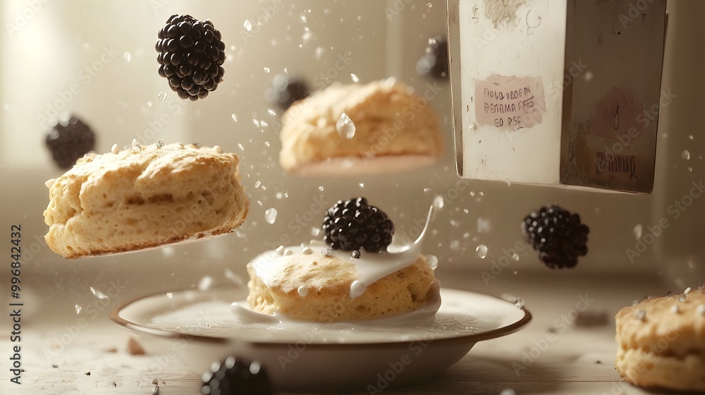 Poster mesmerizing surreal breakfast still life with oversized hovering scones floating blackberries and a 