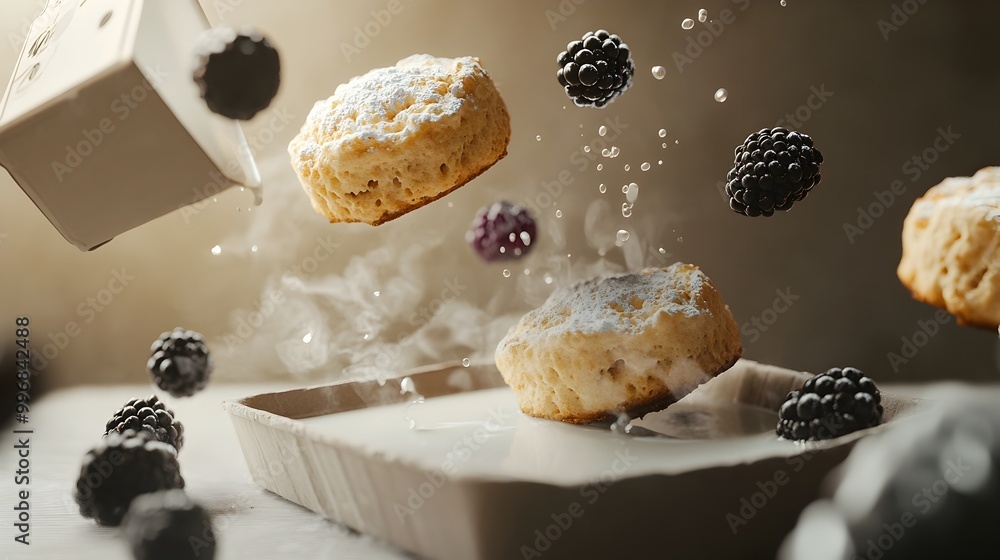 Poster mesmerizing surreal breakfast still life with oversized hovering scones floating blackberries and a 