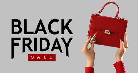 Woman's hands with stylish bag and lipstick on grey background. Black Friday sale
