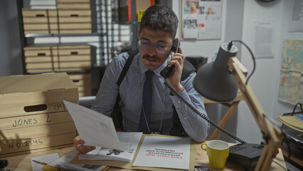 A focused hispanic man in a striped shirt investigates evidence while multitasking in a cluttered...
