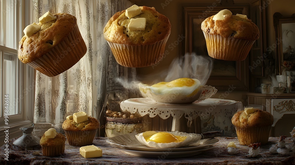 Poster mesmerizing surreal breakfast tableau with oversized hovering muffins defying logic butter pats and 