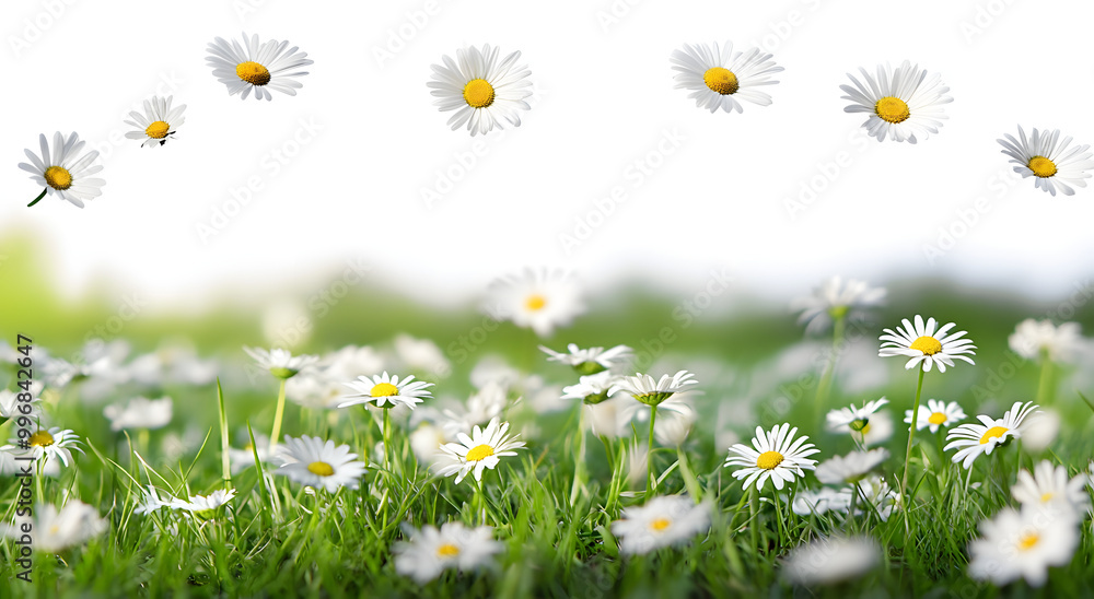 Poster meadow grass, garden lawn with wild daisy flowers in spring and summer isolated against a transparen