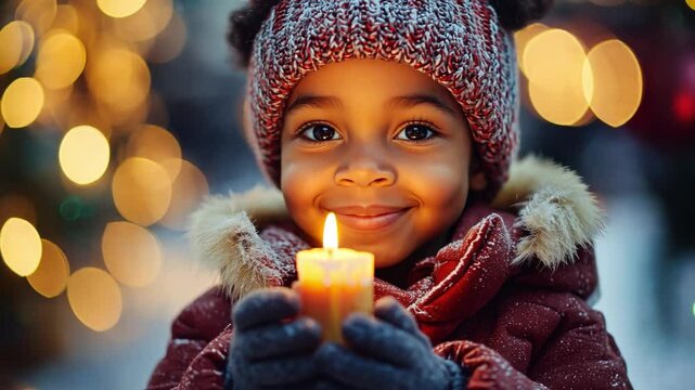 A young black child smiles brightly while holding a lit candle, surrounded by warm holiday lights in an enchanting winter atmosphere