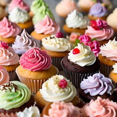 Beautiful and tasty cupcakes on the table A collection of delectable sweet treats topped with cream