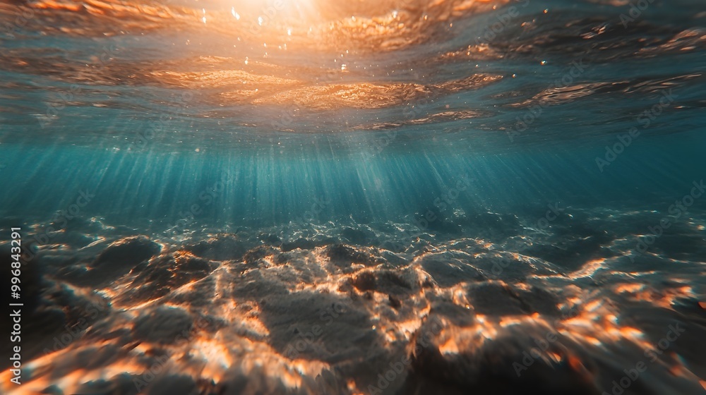 Poster mesmerizing underwater seascape with sunlight gently filtering through the waves creating a tranquil