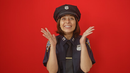 Smiling woman police officer with arms raised in surprise against a red background.