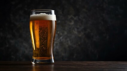 Beer glass on a dark background, copy space available.