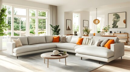 Inviting and stylish contemporary living room featuring a large l shaped sofa and refined accents maximizing natural light and open floor plan carefully curated accessories and artful arrangements