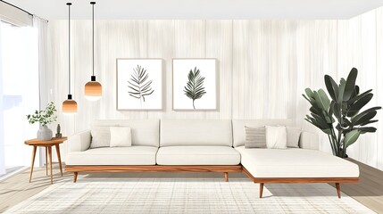 Inviting and stylish modern living room with a comfortable sectional sofa and a cohesive minimalist design  The soothing textiles and natural wood tones create a calming ambiance
