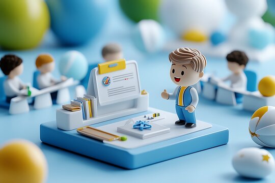 A 3D-rendered virtual classroom with students attending an e-learning session, where the teacherâ€™s avatar interacts with 3D learning materials