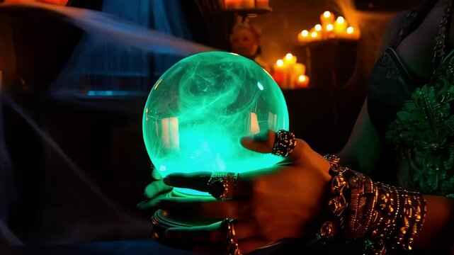 Mystical Fortune Teller gazing into glowing crystal ball candles in dark room, Halloween magic and divination concept