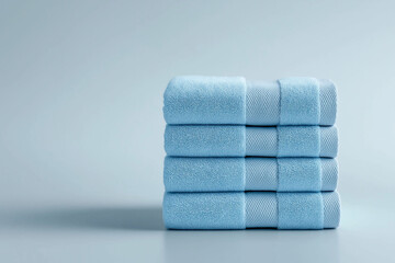Stack of blue towels on a white background, premium textiles, bathroom essentials, professional setup, textile concept