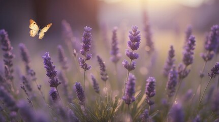 Obraz premium Spring or summer lavender field with butterflies. Wide field of lavender in summer morning. lavender flowers with sunlight