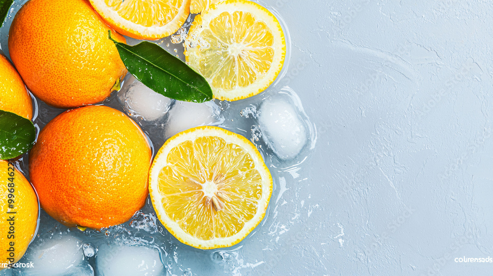 Poster fresh citrus fruits splashing into ice water create refreshing scene