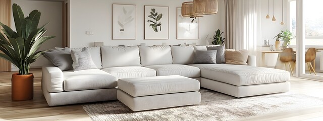 Inviting and stylish open concept living area with a generously sized sectional sofa and a cohesive minimalist design the pops of color adding vibrancy and visual interest