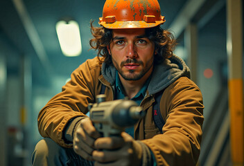 A tunnel worker, with tousled hair and rugged attire, prepares to use a heavy-duty drill on a construction task, showcasing expertise and a determined work ethic.