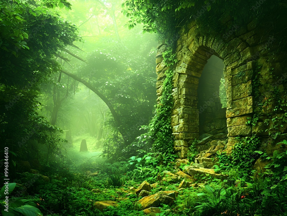 Poster mysterious hidden alcove in a lush verdant forest with ethereal lighting ancient stone ruins overgro