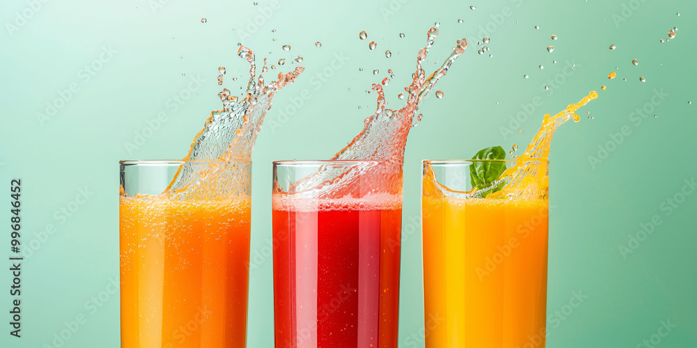 Poster refreshing juice splashes in vibrant colors create lively scene
