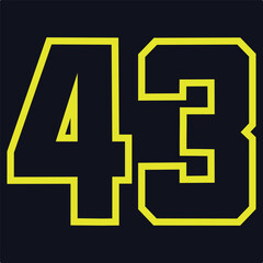 43 Classic Vintage Sport Jersey / Uniform numbers in black with a black outside contour line number on white background for American football, Baseball and Basketball or soccer for shirt