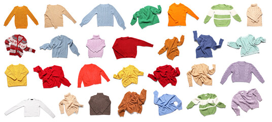 Set of stylish warm sweaters on white background