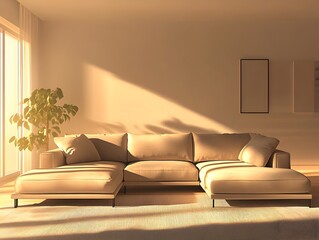 Inviting modern living space with a plush L shaped sectional sofa and sleek minimalist decor the color tones creating a cozy and relaxing ambiance cinematic lighting and textures