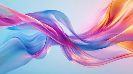 Fototapeta premium Abstract ribbons in pink, blue, and orange swirl and flow smoothly on a light blue background, creating dynamic motion. No people.