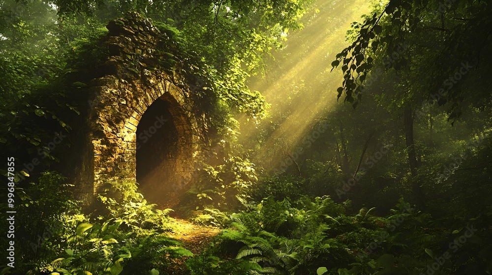 Poster mysterious hidden alcove nestled within a lush verdant forest with an ethereal captivating atmospher