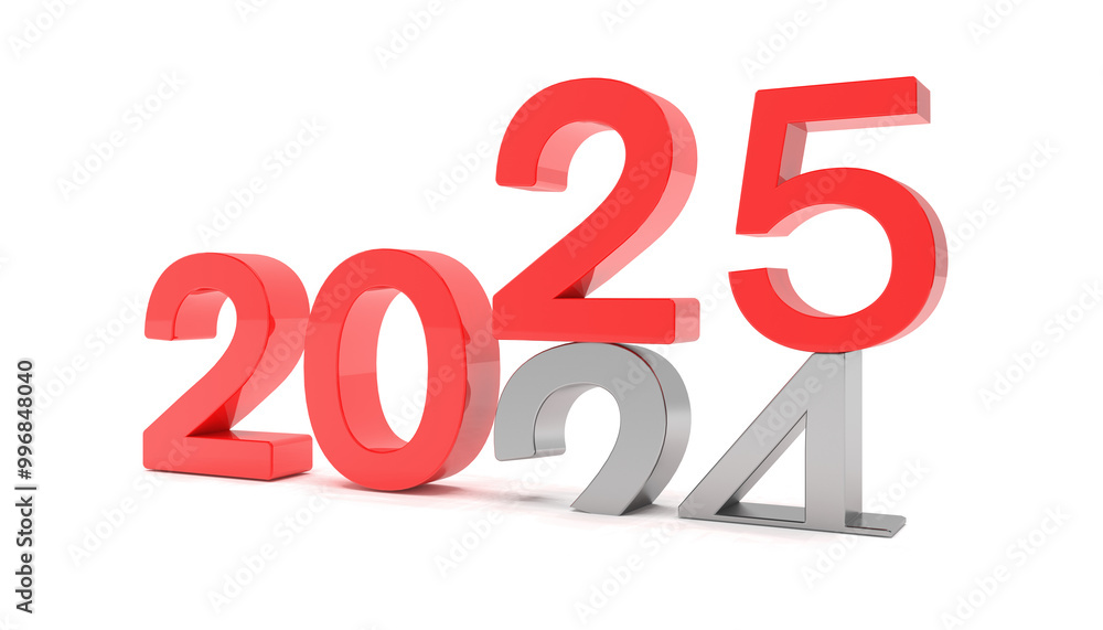 Aufkleber 3d render of the numbers 2025 and 24 in red and silver color over white background. the number 25 fa