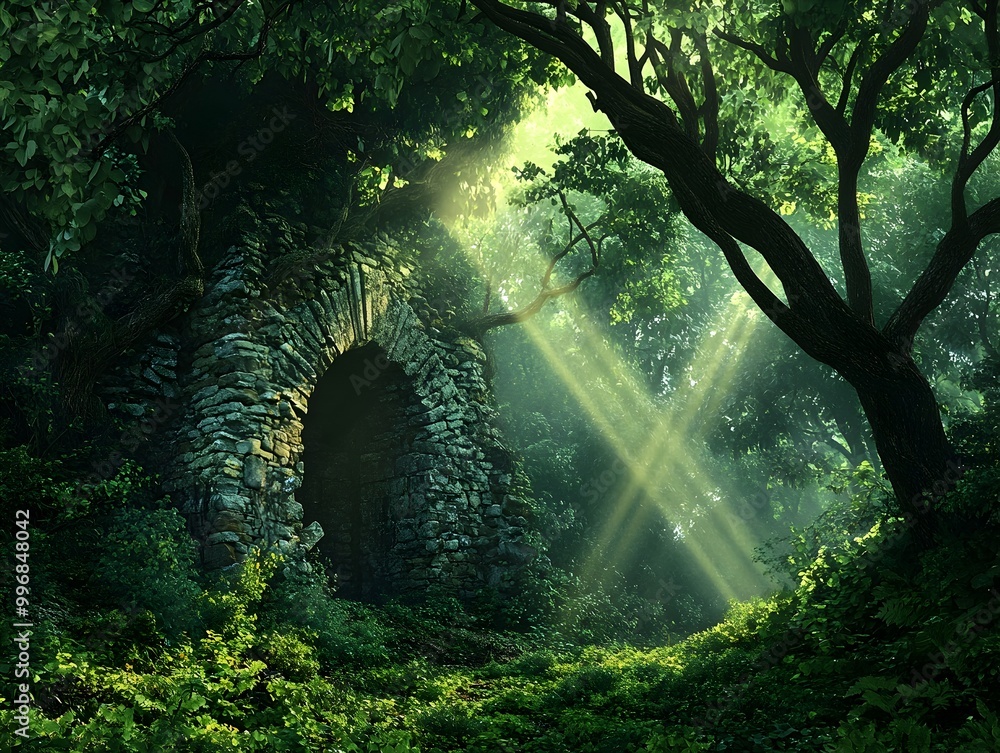 Poster mysterious hidden alcove nestled within a lush verdant forest with ethereal lighting a crumbling sto