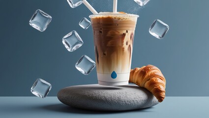 Aesthetic iced coffee with croissant mockup products for promotion