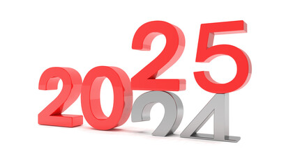 3d render of the numbers 2025 and 24 in red and silver color over white background. The number 25 falls on the number 24 and breaks in it in the ground. - Vacation concept.