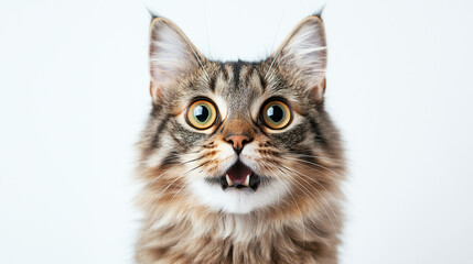 Fototapeta premium Adorable Fluffy black and White Cat in Shock Portrait on White Background