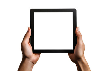 Digital Tablet Mockup with Blank Screen Held by Hands, Isolated on White Background, Perfect for Tech Designs, App Displays, and Digital Device Templates