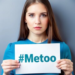Woman holding a #MeToo Poster, studio photo, blue background