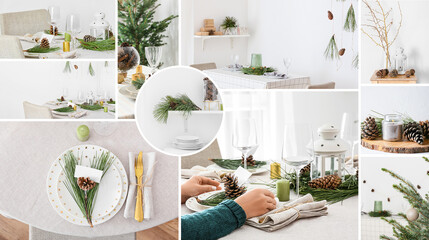 Set of beautiful table setting with pine cones and green branches. Christmas and New Year celebration