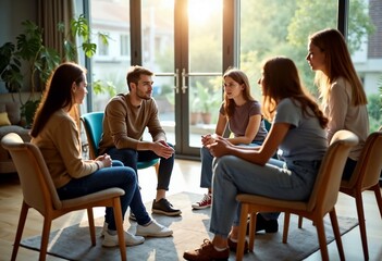 A mixed-gender group sits closely in a sunlit room, deeply engaged in conversation, fostering connection and understanding in a welcoming environment.