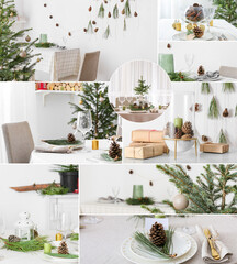 Collection of beautiful table setting with pine cones and green branches. Christmas and New Year celebration