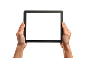 Digital Tablet Mockup with Blank Screen Held by Hands, Isolated on White Background, Perfect for Tech Designs, App Displays, and Digital Device Templates