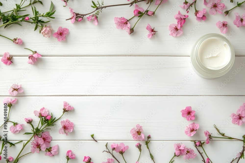 Wall mural cosmetic cream container and pink flowers on white wooden background from top view - generative ai