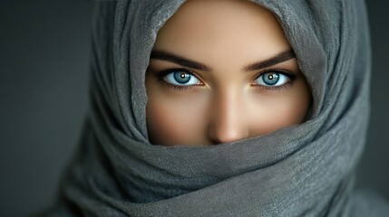 Fototapeta premium Close-up portrait of a woman wearing a grey hijab, focusing on her piercing blue eyes.
