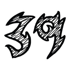 39 Classic Vintage Sport Jersey / Uniform numbers in black with a black outside contour line number on white background for American football, Baseball and Basketball or soccer for shirt