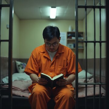 An inmate dressed in an orange prison uniform is seated on his bed inside a jail cell, deeply engrossed in reading a book. The cell is simple and sparsely furnished.