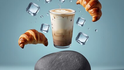 Aesthetic iced coffee with croissant mockup products for promotion