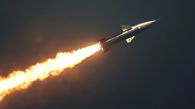 A rocket ascends rapidly, leaving a trail of bright flames behind it. The powerful propulsion is evident as it pierces the atmosphere, representing a significant achievement in aerospace technology.