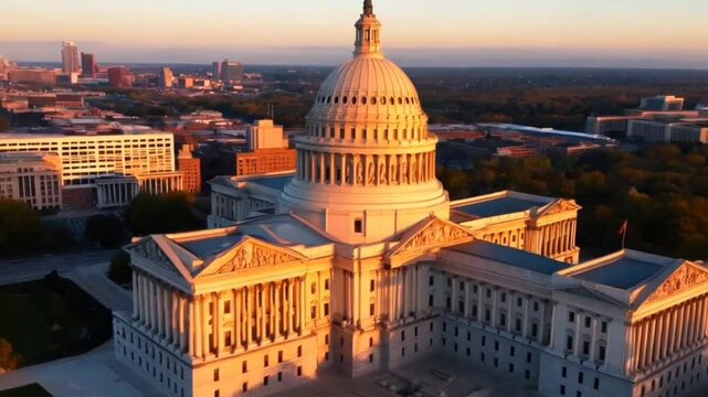 Drone shot gradually pulling away from the Michigan State Capitol Building at sunrise