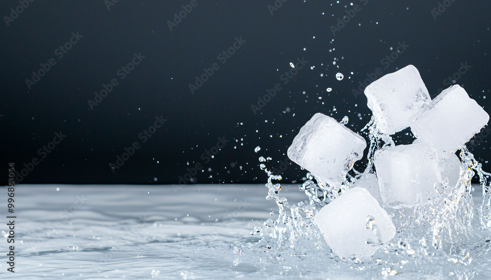 Poster ice cubes splash in sparkling water, creating refreshing scene