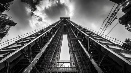 Naklejka premium A towering steel beam is prominently supported by temporary scaffolding, illustrating the ongoing construction process beneath an overcast sky, emphasizing industrial strength and design
