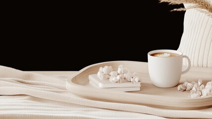 This inviting living room features a soft color palette with a coffee cup, stacked books, and fresh flowers on the sofa, creating a perfect spot for relaxation and comfort